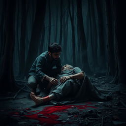 In a dark and desolate forest, an emotional scene unfolds as the young man Veer kneels beside his injured father