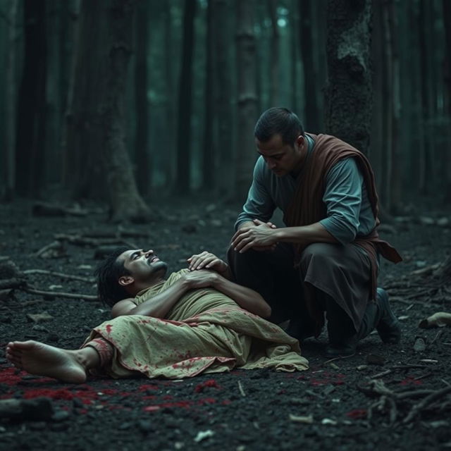 In a dark and desolate forest, an emotional scene unfolds as the young man Veer kneels beside his injured father