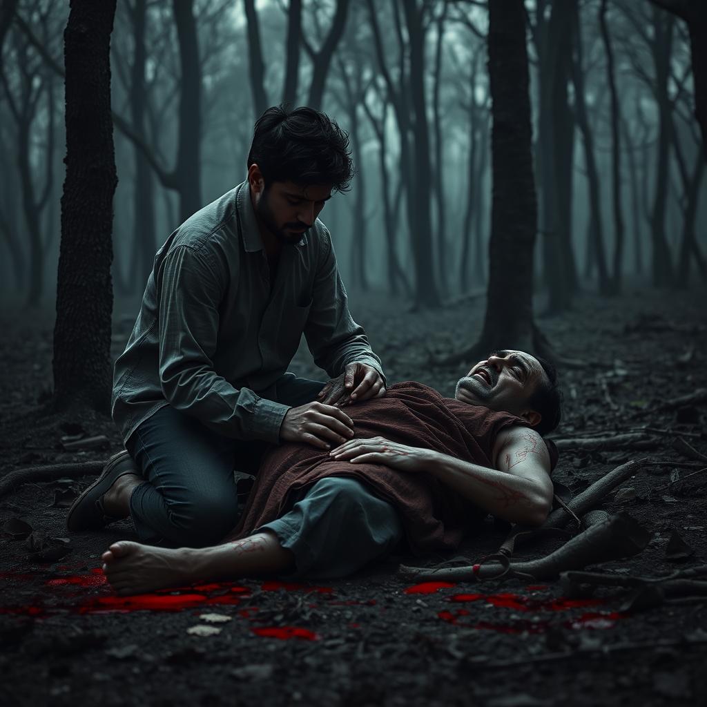 In a dark and desolate forest, an emotional scene unfolds as the young man Veer kneels beside his injured father