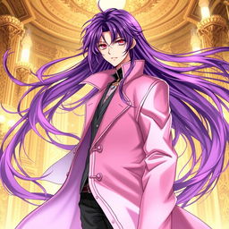 A beautifully illustrated light novel cover featuring a tall male character with long, flowing purple hair and captivating red eyes