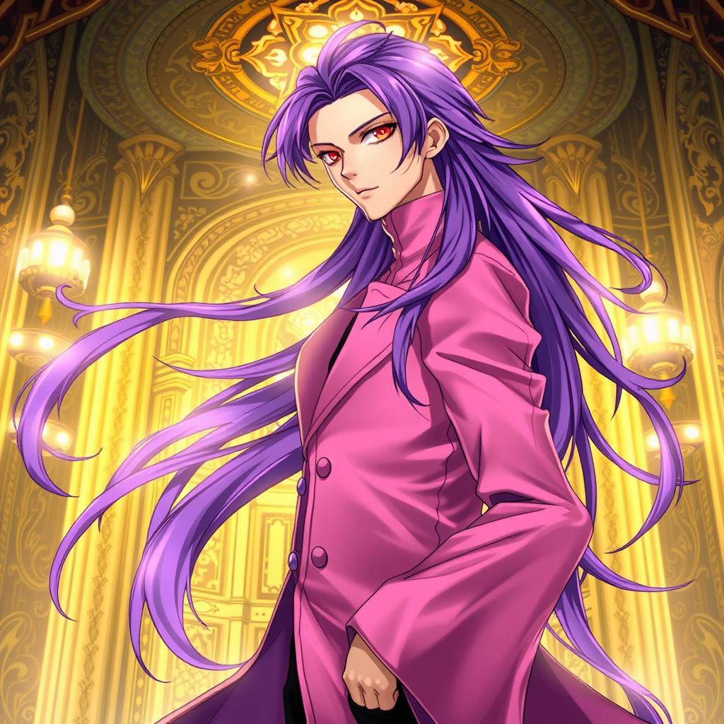 A beautifully illustrated light novel cover featuring a tall male character with long, flowing purple hair and captivating red eyes