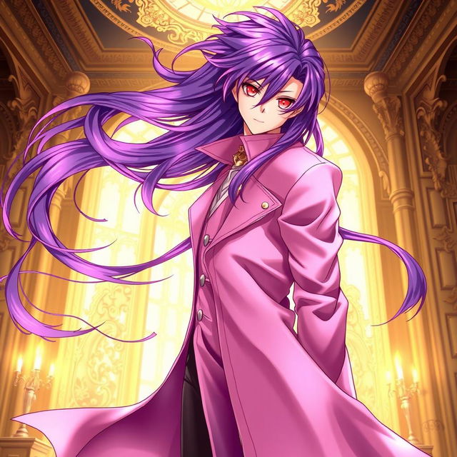 A beautifully illustrated light novel cover featuring a tall male character with long, flowing purple hair and captivating red eyes