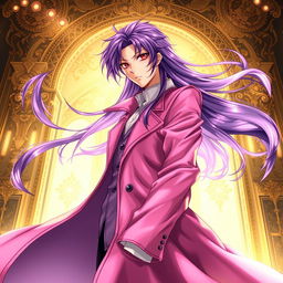 A beautifully illustrated light novel cover featuring a tall male character with long, flowing purple hair and captivating red eyes
