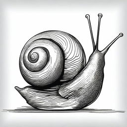 A distinct black and white pen depiction of a snail