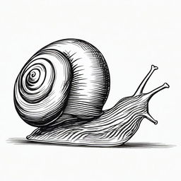 A distinct black and white pen depiction of a snail