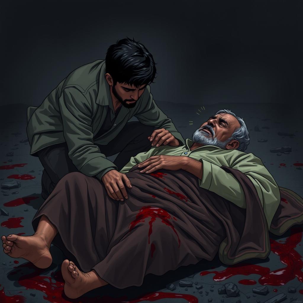 In a dark and desolate setting, a man named Veer kneels beside his father, who lies wounded and in the final stages of a brutal injury