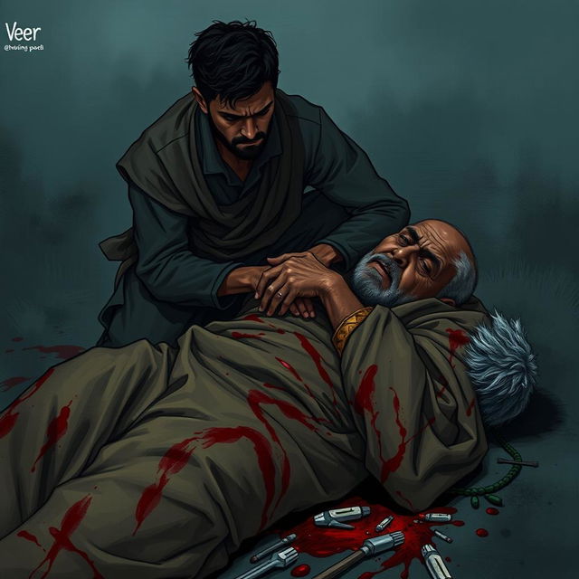 In a dark and desolate setting, a man named Veer kneels beside his father, who lies wounded and in the final stages of a brutal injury