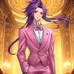 An exquisite light novel cover featuring a tall male character with long, flowing purple hair and striking red eyes