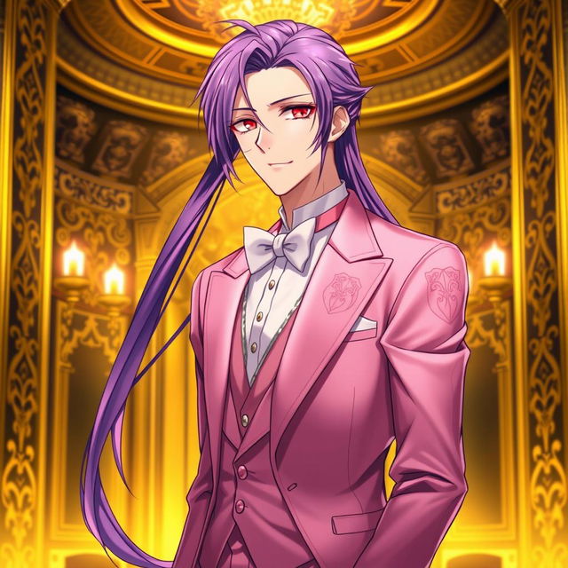 An exquisite light novel cover featuring a tall male character with long, flowing purple hair and striking red eyes