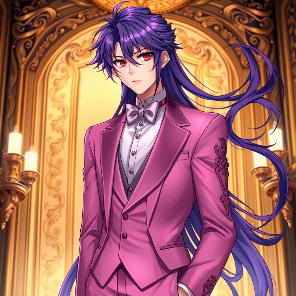 An exquisite light novel cover featuring a tall male character with long, flowing purple hair and striking red eyes