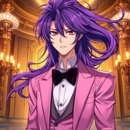 An exquisite light novel cover featuring a tall male character with long, flowing purple hair and striking red eyes