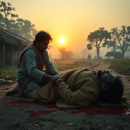 In a tranquil village at dawn, the sun rises softly illuminating a poignant scene where Veer kneels beside his father, who is in the final stages of a brutal injury