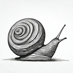 A distinct black and white pen depiction of a snail