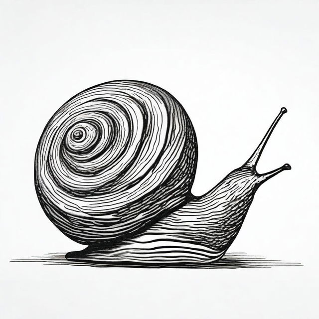 A distinct black and white pen depiction of a snail