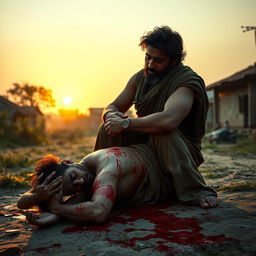 In a tranquil village at dawn, the sun rises softly illuminating a poignant scene where Veer kneels beside his father, who is in the final stages of a brutal injury