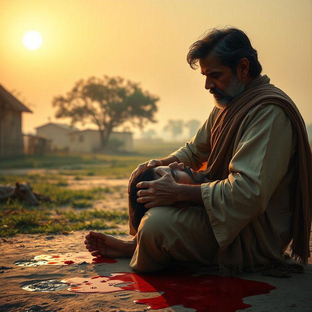 In a tranquil village at dawn, the sun rises softly illuminating a poignant scene where Veer kneels beside his father, who is in the final stages of a brutal injury