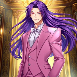 An alluring light novel cover featuring a tall male character with long, flowing purple hair and mesmerizing red eyes