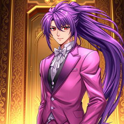 An alluring light novel cover featuring a tall male character with long, flowing purple hair and mesmerizing red eyes