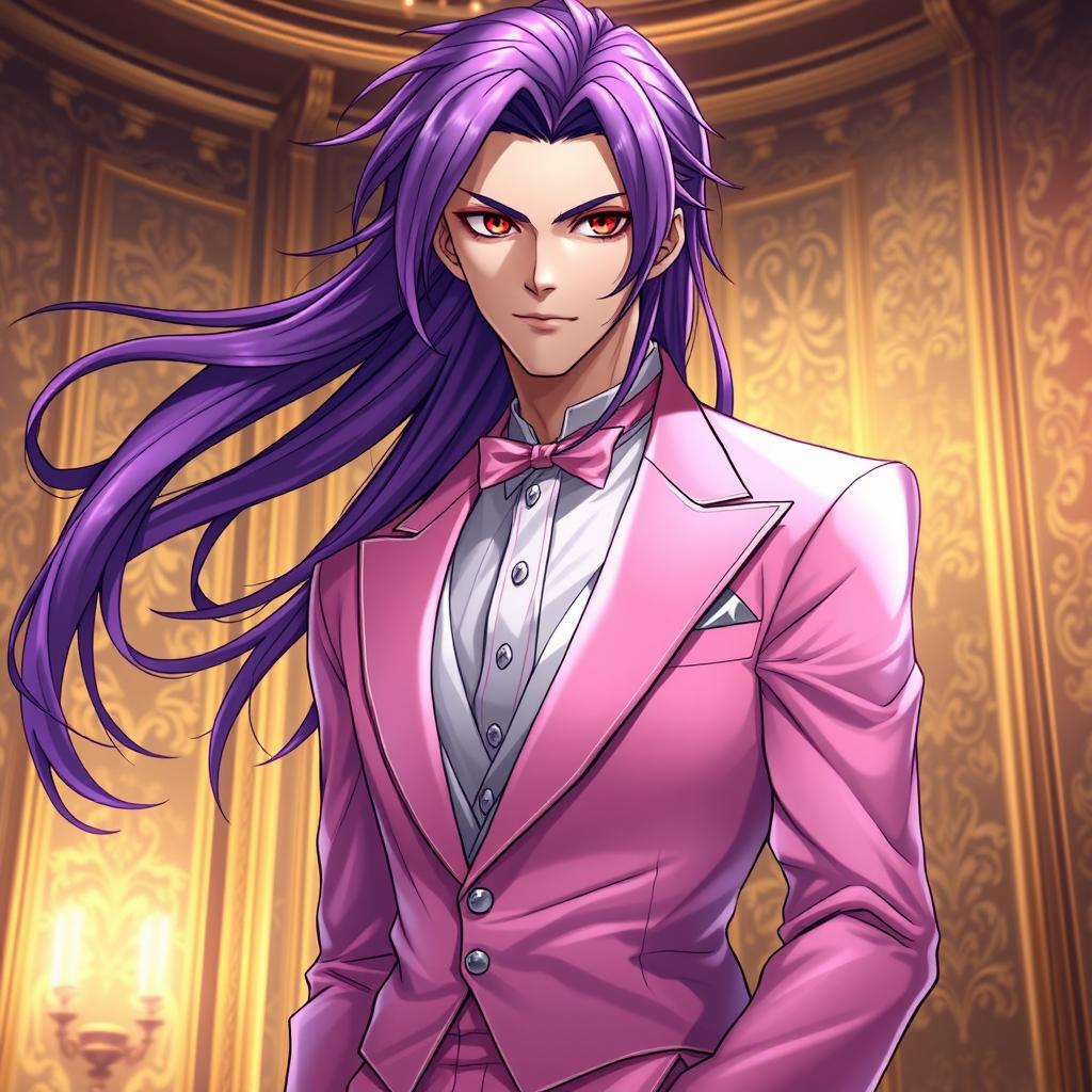 An alluring light novel cover featuring a tall male character with long, flowing purple hair and mesmerizing red eyes