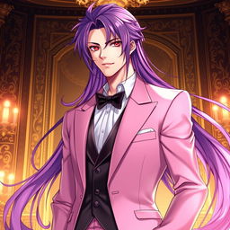 An alluring light novel cover featuring a tall male character with long, flowing purple hair and mesmerizing red eyes