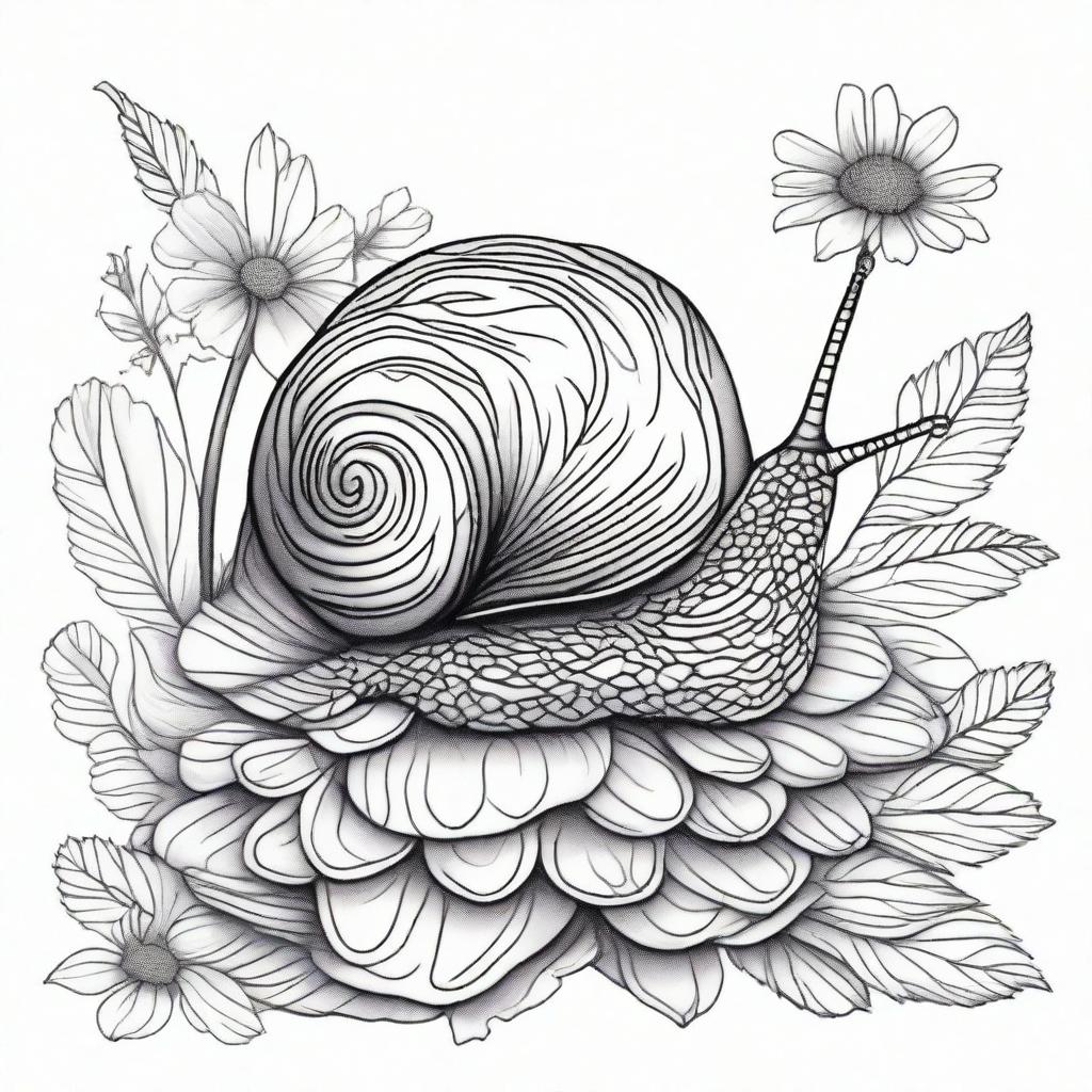 A unique black and white pen illustration featuring a snail in a flower bed