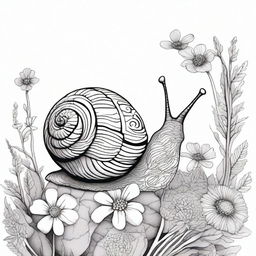 A unique black and white pen illustration featuring a snail in a flower bed