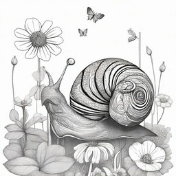 A unique black and white pen illustration featuring a snail in a flower bed