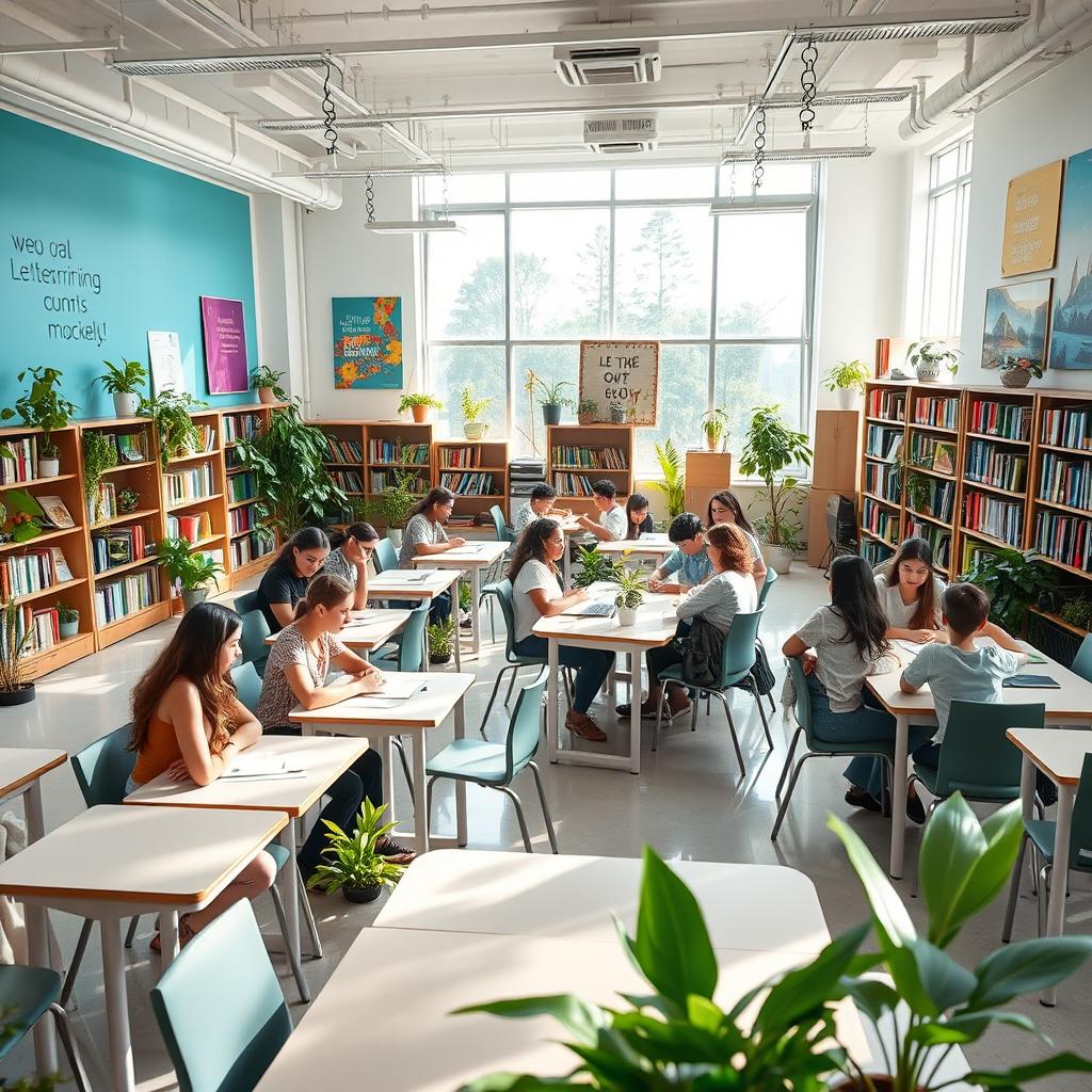 A beautifully designed educational space filled with modern desks and chairs, bright natural lighting flooding through large windows, vibrant green plants scattered throughout the room, and shelves lined with books and educational materials