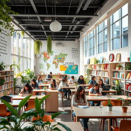 A beautifully designed educational space filled with modern desks and chairs, bright natural lighting flooding through large windows, vibrant green plants scattered throughout the room, and shelves lined with books and educational materials