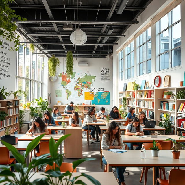 A beautifully designed educational space filled with modern desks and chairs, bright natural lighting flooding through large windows, vibrant green plants scattered throughout the room, and shelves lined with books and educational materials