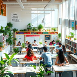 A beautifully designed educational space filled with modern desks and chairs, bright natural lighting flooding through large windows, vibrant green plants scattered throughout the room, and shelves lined with books and educational materials