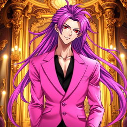 An eye-catching light novel cover featuring a tall male character with long, flowing purple hair and captivating red eyes