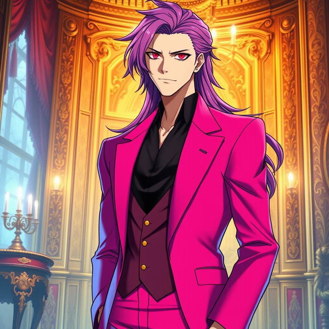 An eye-catching light novel cover featuring a tall male character with long, flowing purple hair and captivating red eyes