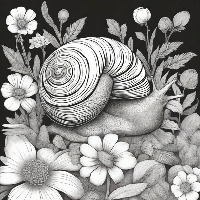 A unique black and white pen illustration featuring a snail in a flower bed