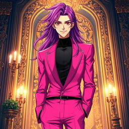 An eye-catching light novel cover featuring a tall male character with long, flowing purple hair and captivating red eyes