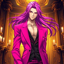 An eye-catching light novel cover featuring a tall male character with long, flowing purple hair and captivating red eyes