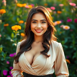Mayang Yudittia, an exceptionally beautiful Indonesian woman with prominent and attractive curves, particularly featuring her large bust