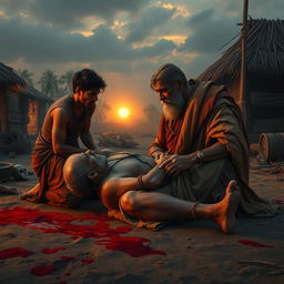 In a village at dawn, a poignant scene unfolds as Veer kneels beside his father, an old warrior on the brink of death from a brutal injury