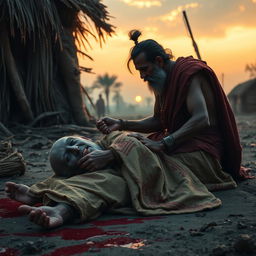 In a village at dawn, a poignant scene unfolds as Veer kneels beside his father, an old warrior on the brink of death from a brutal injury