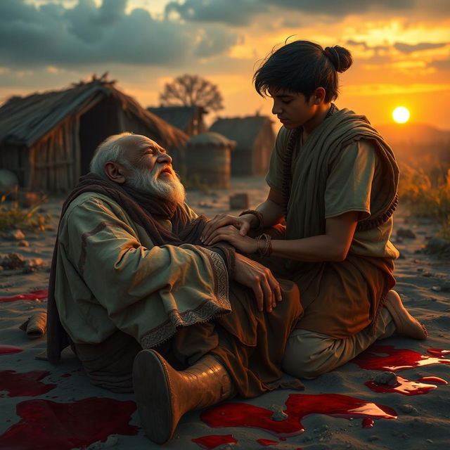 In a village at dawn, a poignant scene unfolds as Veer kneels beside his father, an old warrior on the brink of death from a brutal injury