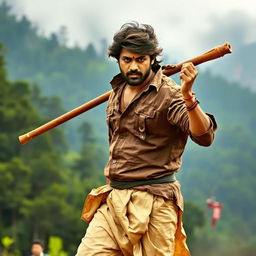 A dynamic action scene featuring a charismatic Indian actor styled like Allu Arjun from Pushpa: The Rise, wearing a rugged, traditional outfit consisting of a brown, weathered kurta and a light-colored dhoti