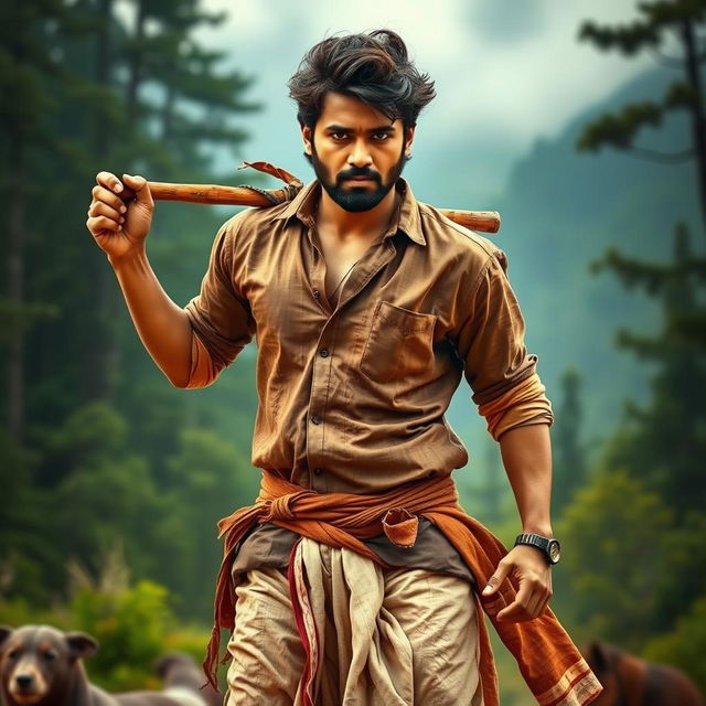 A dynamic action scene featuring a charismatic Indian actor styled like Allu Arjun from Pushpa: The Rise, wearing a rugged, traditional outfit consisting of a brown, weathered kurta and a light-colored dhoti