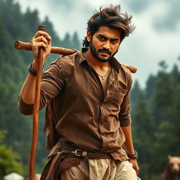 A dynamic action scene featuring a charismatic Indian actor styled like Allu Arjun from Pushpa: The Rise, wearing a rugged, traditional outfit consisting of a brown, weathered kurta and a light-colored dhoti
