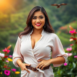 Mayang Yudittia, a stunningly beautiful Indonesian woman with impressive, voluptuous curves, particularly showcasing her large bust