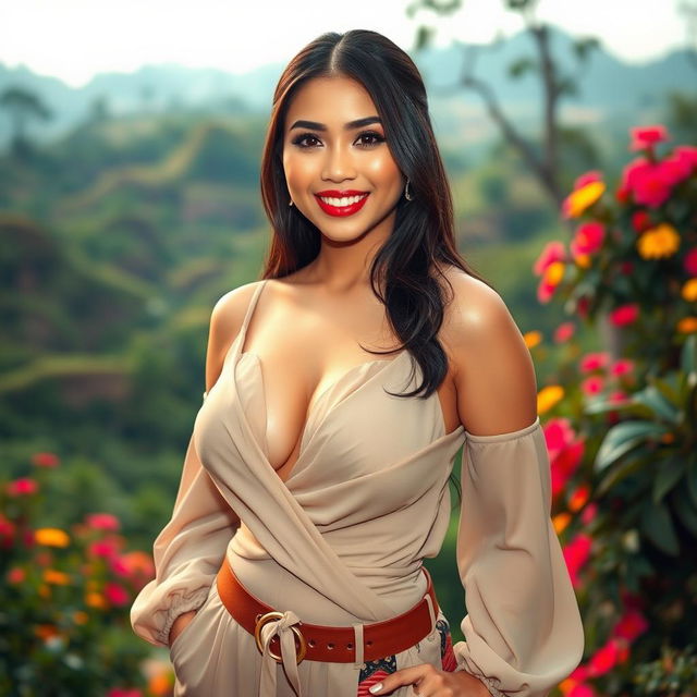 Mayang Yudittia, a stunningly beautiful Indonesian woman with impressive, voluptuous curves, particularly showcasing her large bust