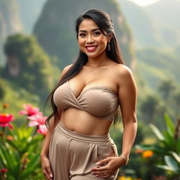 Putri Ardila, a stunningly beautiful Indonesian woman with a voluptuous figure, prominently showcasing her large bust