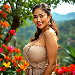 Putri Ardila, a stunningly beautiful Indonesian woman with a voluptuous figure, prominently showcasing her large bust