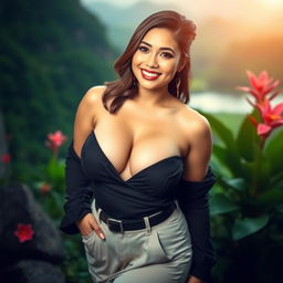 Putri Ardila, a stunning 24-year-old Indonesian woman known for her beauty and voluptuous figure, prominently featuring her large bust