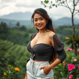 Putri Ardila, a captivating 24-year-old Indonesian woman with striking beauty and voluptuous features, prominently highlighting her large bust