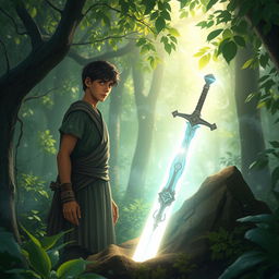 In a dense and mystical forest, a young man named Veer stands with a solemn expression after burying his father